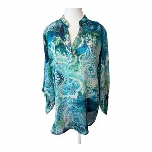 Chico’s Size 3 Teal Paisley Tunic Blouse | Sheer Lightweight Roll Sleeve Top